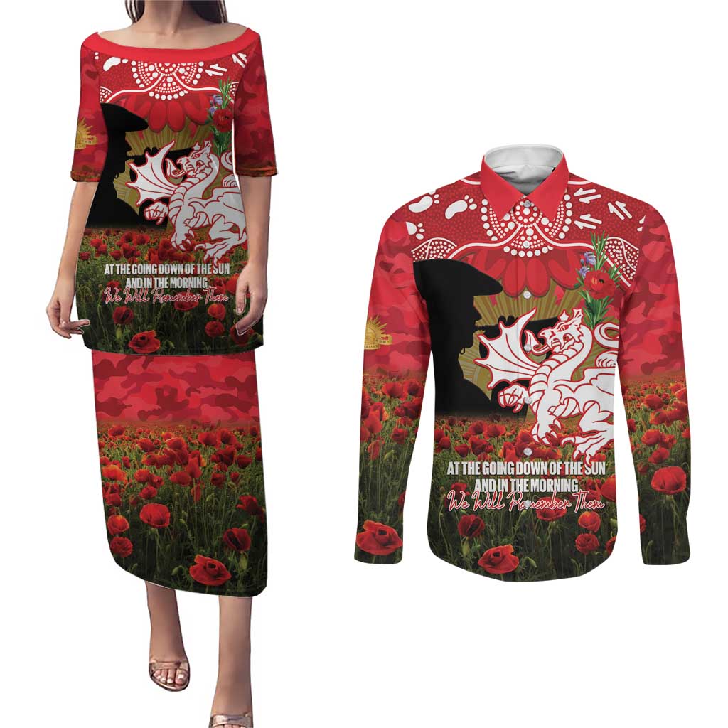 Personalised Dragons Rugby ANZAC Day Couples Matching Puletasi and Long Sleeve Button Shirt Last Post Poppy We Will Remember Them