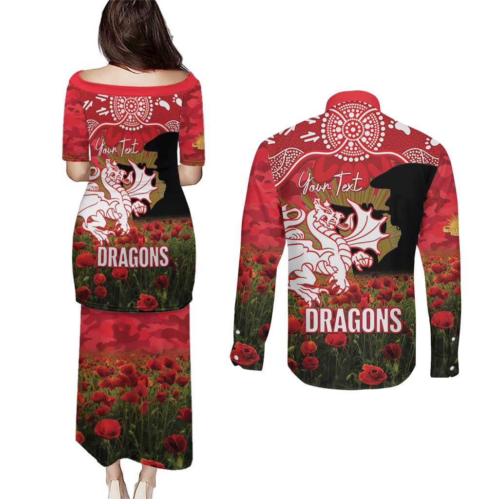 Personalised Dragons Rugby ANZAC Day Couples Matching Puletasi and Long Sleeve Button Shirt Last Post Poppy We Will Remember Them