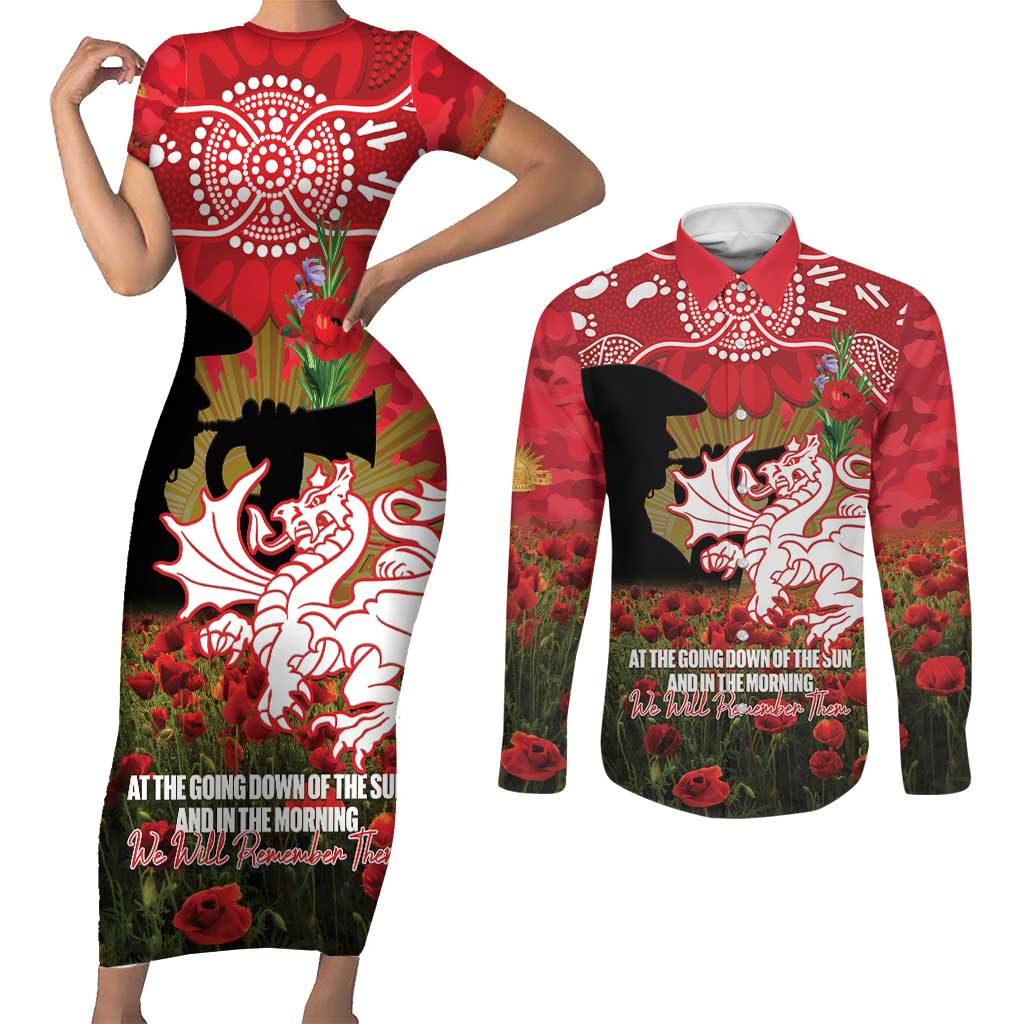 Personalised Dragons Rugby ANZAC Day Couples Matching Short Sleeve Bodycon Dress and Long Sleeve Button Shirt Last Post Poppy We Will Remember Them