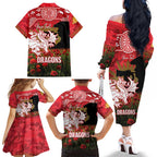 Personalised Dragons Rugby ANZAC Day Family Matching Off The Shoulder Long Sleeve Dress and Hawaiian Shirt Last Post Poppy We Will Remember Them