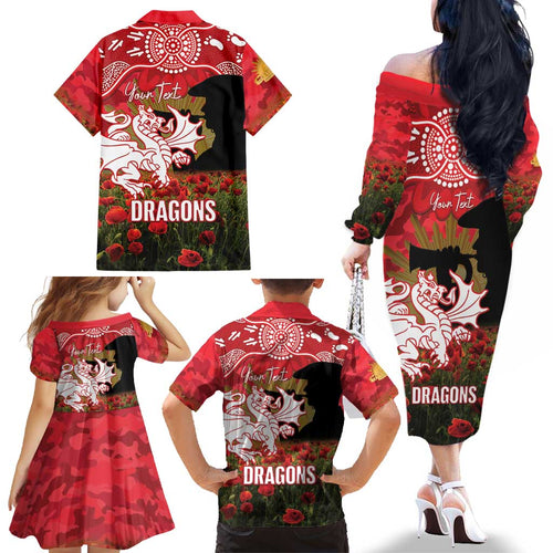 Personalised Dragons Rugby ANZAC Day Family Matching Off The Shoulder Long Sleeve Dress and Hawaiian Shirt Last Post Poppy We Will Remember Them