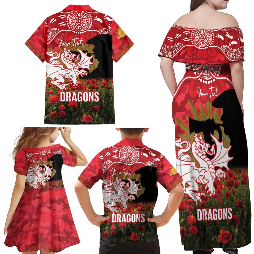 Personalised Dragons Rugby ANZAC Day Family Matching Off Shoulder Maxi Dress and Hawaiian Shirt Last Post Poppy We Will Remember Them
