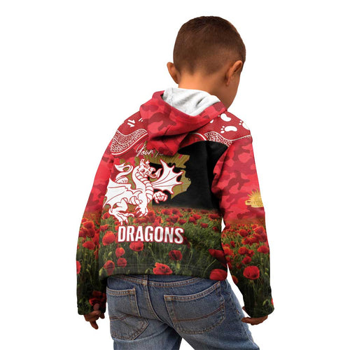 Personalised Dragons Rugby ANZAC Day Kid Hoodie Last Post Poppy We Will Remember Them