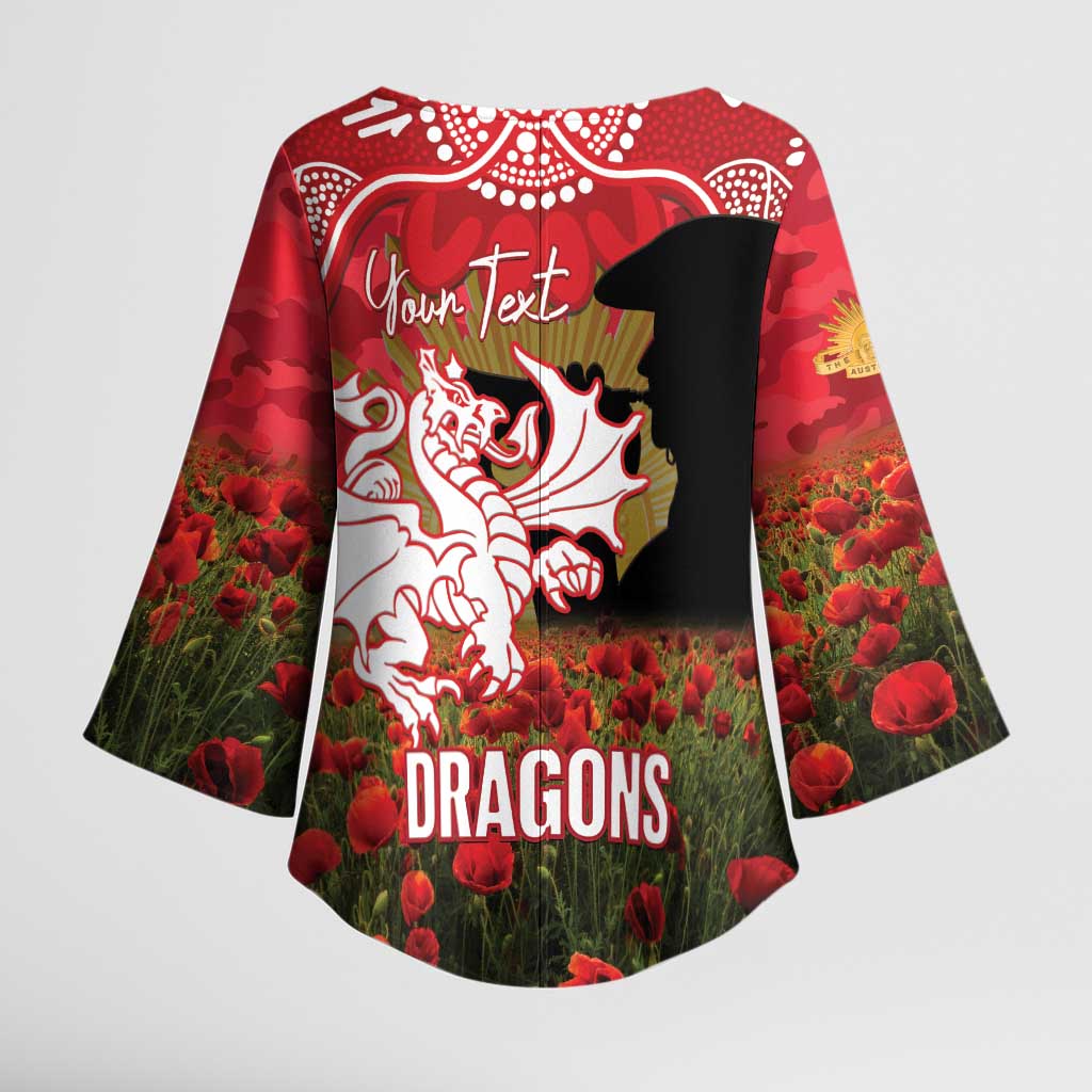 Personalised Dragons Rugby ANZAC Day Kimono Sleeve Blouse Last Post Poppy We Will Remember Them