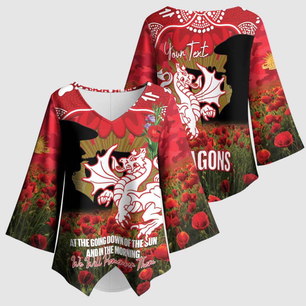 Personalised Dragons Rugby ANZAC Day Kimono Sleeve Blouse Last Post Poppy We Will Remember Them