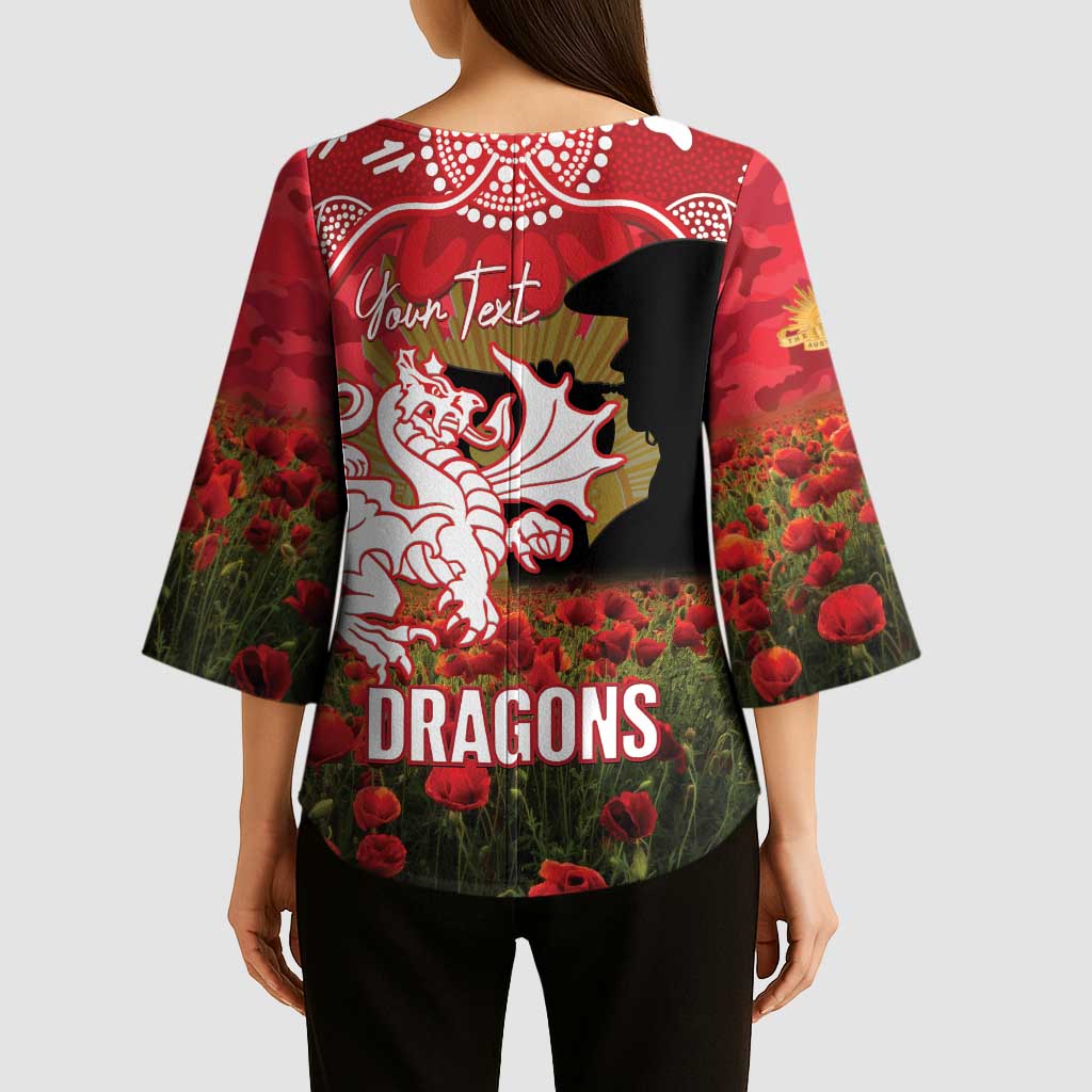 Personalised Dragons Rugby ANZAC Day Kimono Sleeve Blouse Last Post Poppy We Will Remember Them