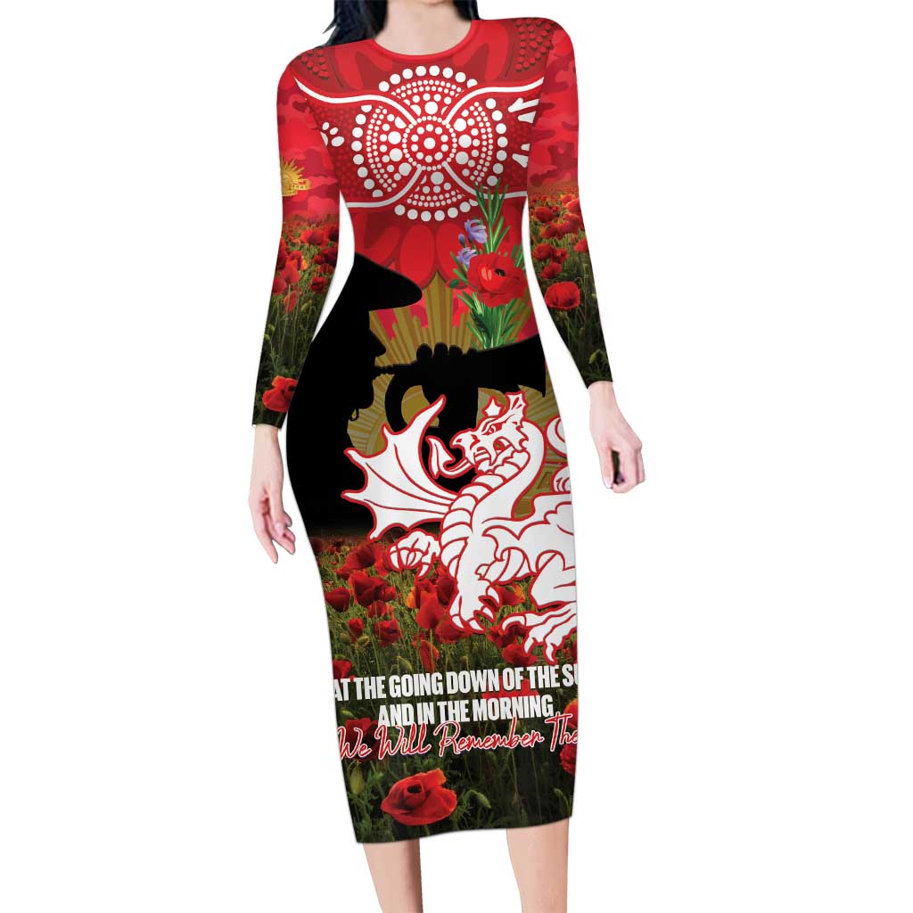 Personalised Dragons Rugby ANZAC Day Long Sleeve Bodycon Dress Last Post Poppy We Will Remember Them