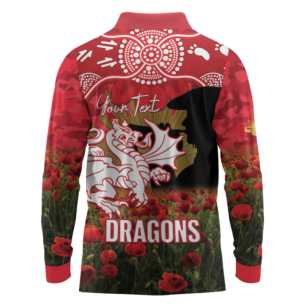 Personalised Dragons Rugby ANZAC Day Long Sleeve Polo Shirt Last Post Poppy We Will Remember Them