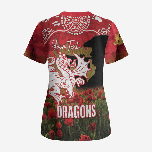 Personalised Dragons Rugby ANZAC Day Scrub Top Last Post Poppy We Will Remember Them