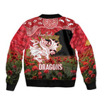 Personalised Dragons Rugby ANZAC Day Sleeve Zip Bomber Jacket Last Post Poppy We Will Remember Them