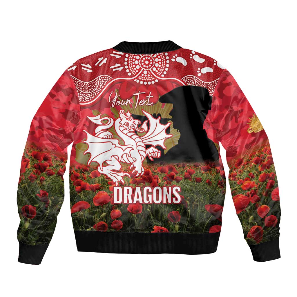 Personalised Dragons Rugby ANZAC Day Sleeve Zip Bomber Jacket Last Post Poppy We Will Remember Them