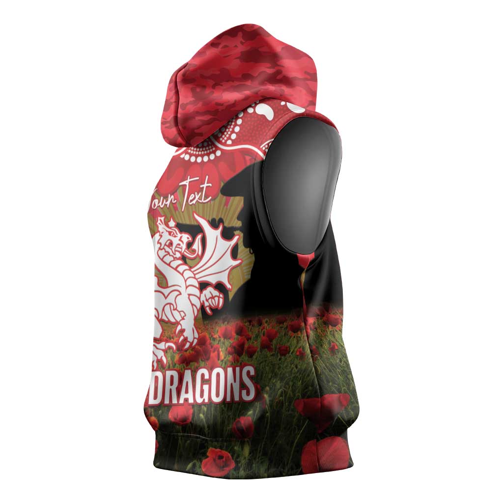 Personalised Dragons Rugby ANZAC Day Sleeveless Hoodie Last Post Poppy We Will Remember Them