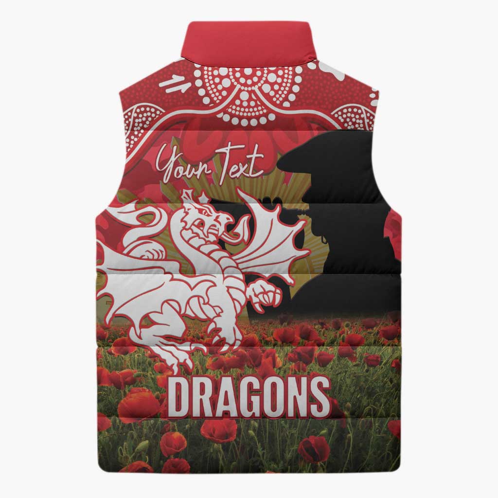 Personalised Dragons Rugby ANZAC Day Sleeveless Puffer Jacket Last Post Poppy We Will Remember Them