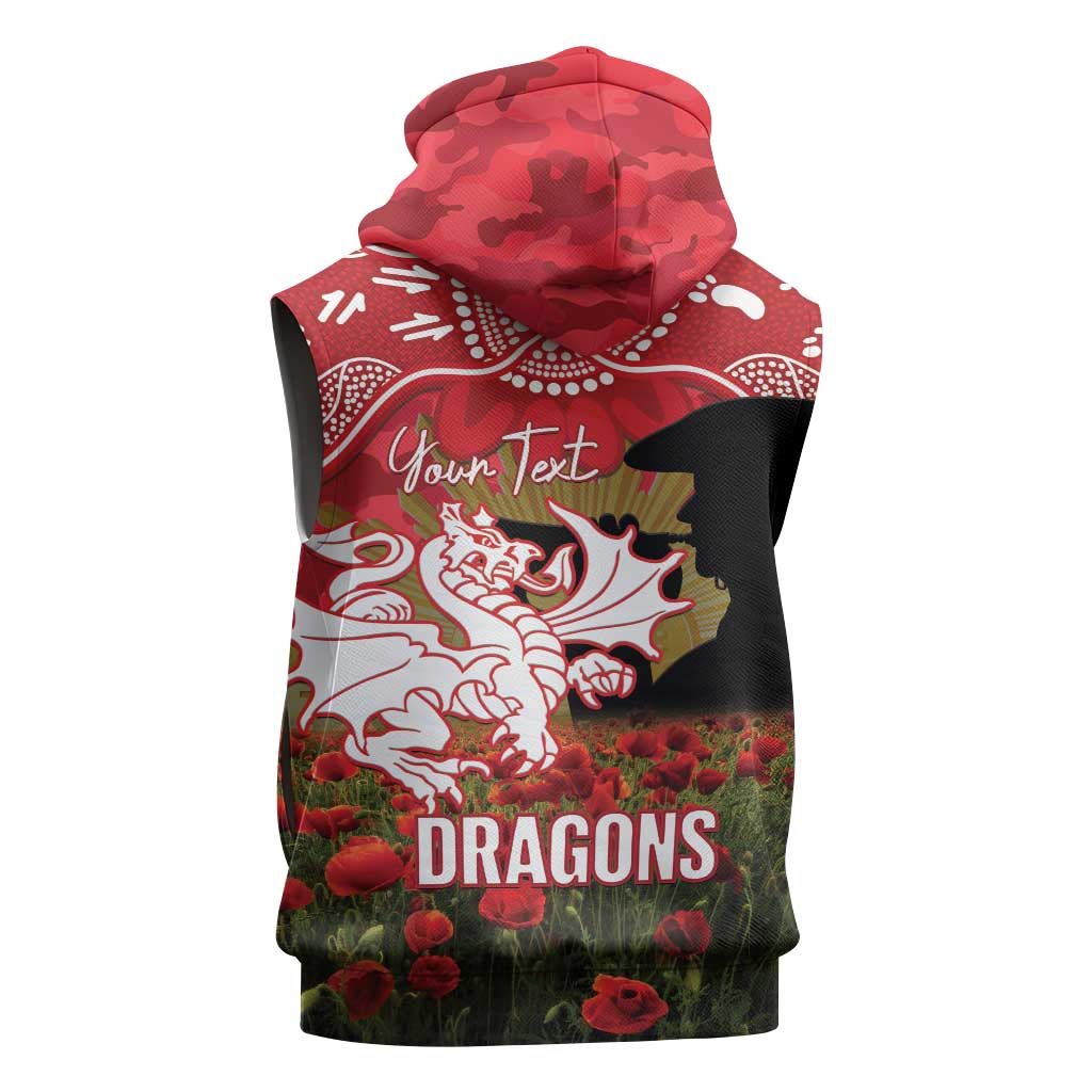Personalised Dragons Rugby ANZAC Day Sleeveless Zip Hoodie Last Post Poppy We Will Remember Them
