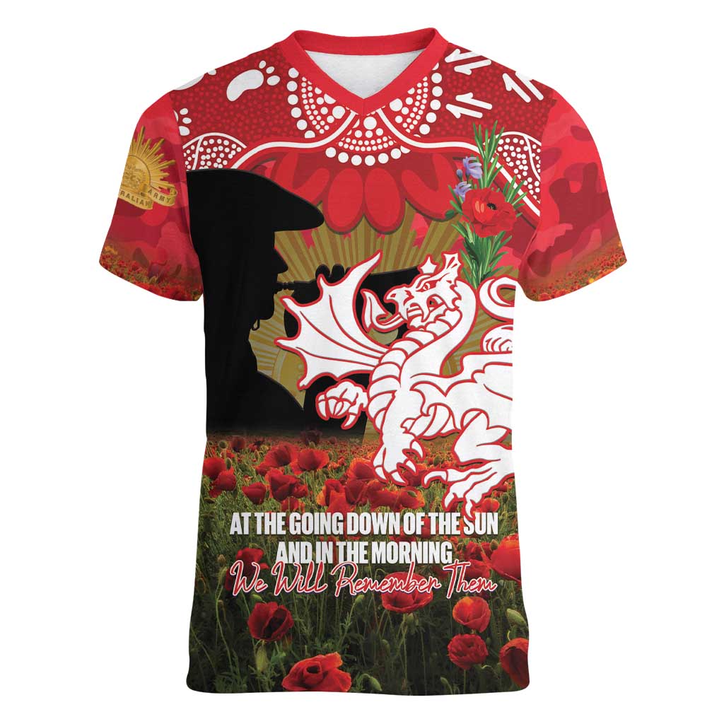 Personalised Dragons Rugby ANZAC Day Women V-Neck T-Shirt Last Post Poppy We Will Remember Them