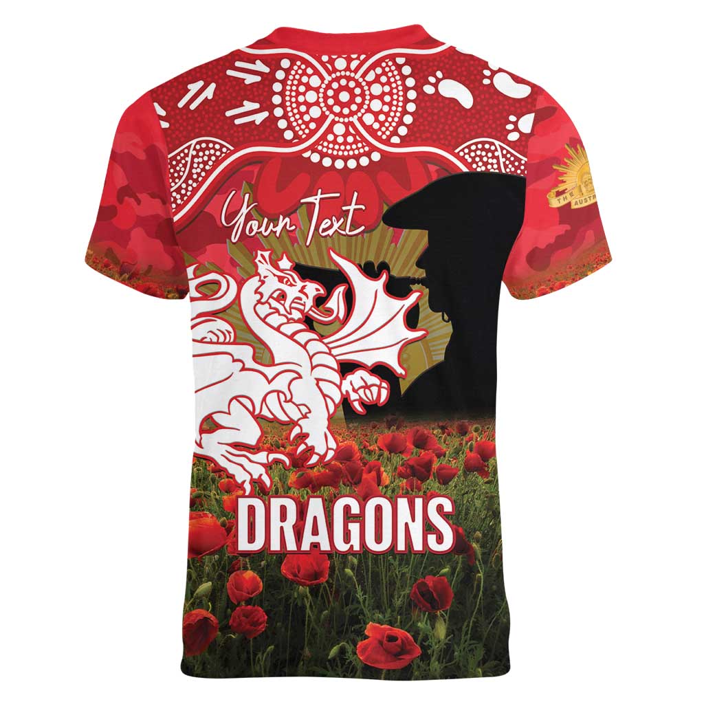 Personalised Dragons Rugby ANZAC Day Women V-Neck T-Shirt Last Post Poppy We Will Remember Them