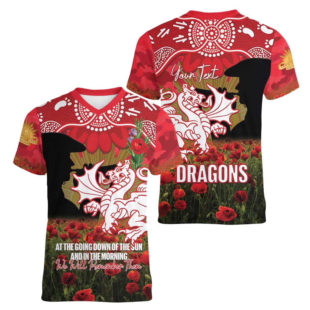 Personalised Dragons Rugby ANZAC Day Women V-Neck T-Shirt Last Post Poppy We Will Remember Them