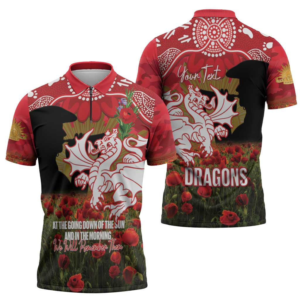 Personalised Dragons Rugby ANZAC Day Zipper Polo Shirt Last Post Poppy We Will Remember Them