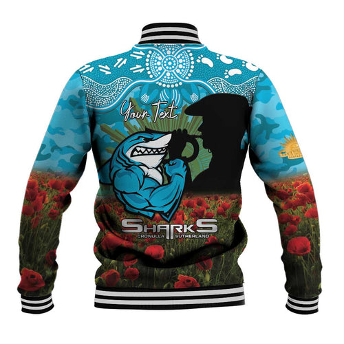 Personalised Sharks Rugby ANZAC Day Baseball Jacket Last Post Poppy We Will Remember Them