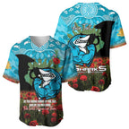Personalised Sharks Rugby ANZAC Day Baseball Jersey Last Post Poppy We Will Remember Them