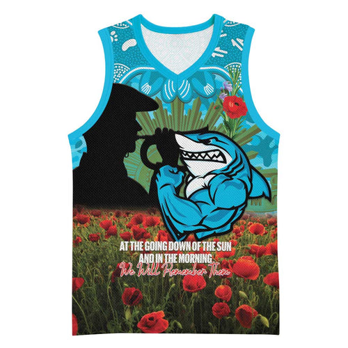 Personalised Sharks Rugby ANZAC Day Basketball Jersey Last Post Poppy We Will Remember Them