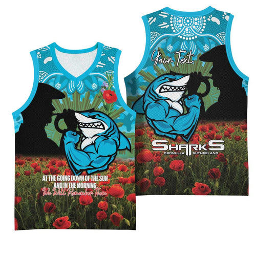 Personalised Sharks Rugby ANZAC Day Basketball Jersey Last Post Poppy We Will Remember Them