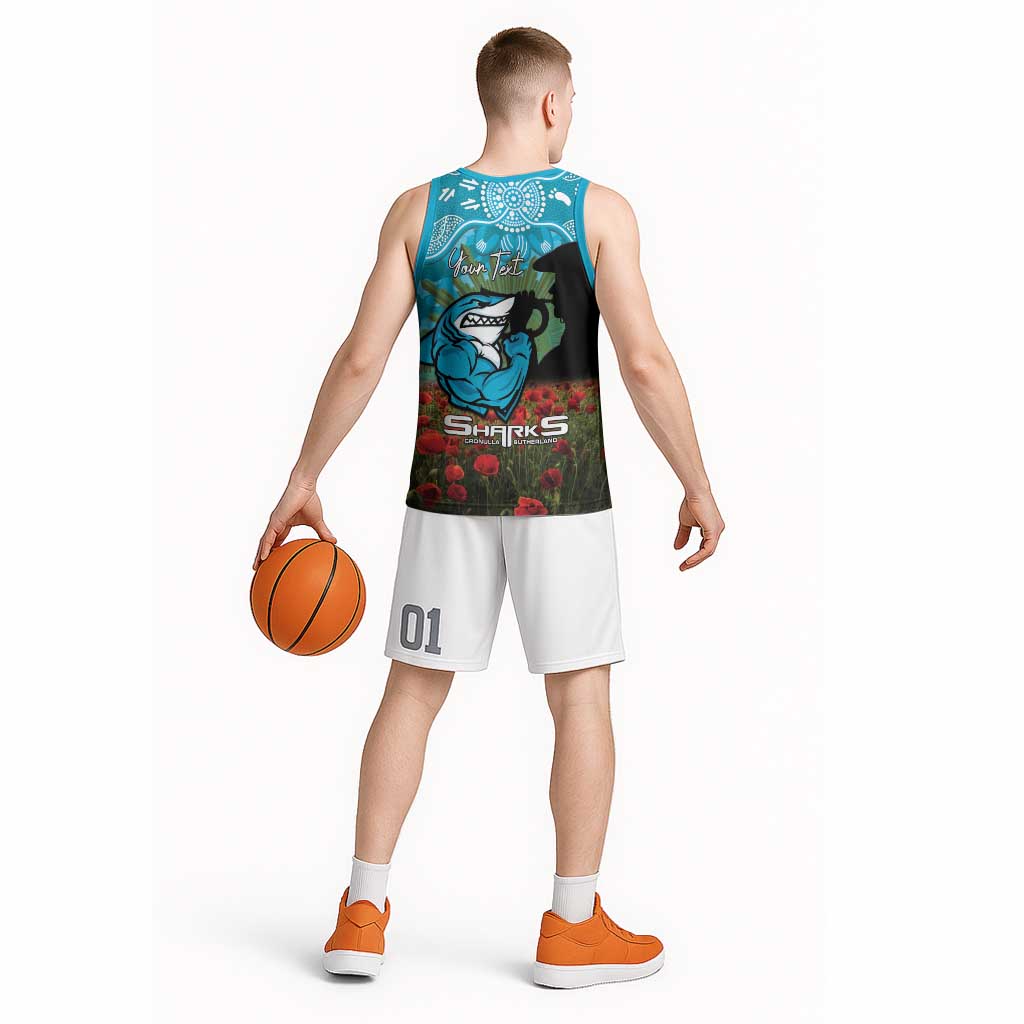 Personalised Sharks Rugby ANZAC Day Basketball Jersey Last Post Poppy We Will Remember Them