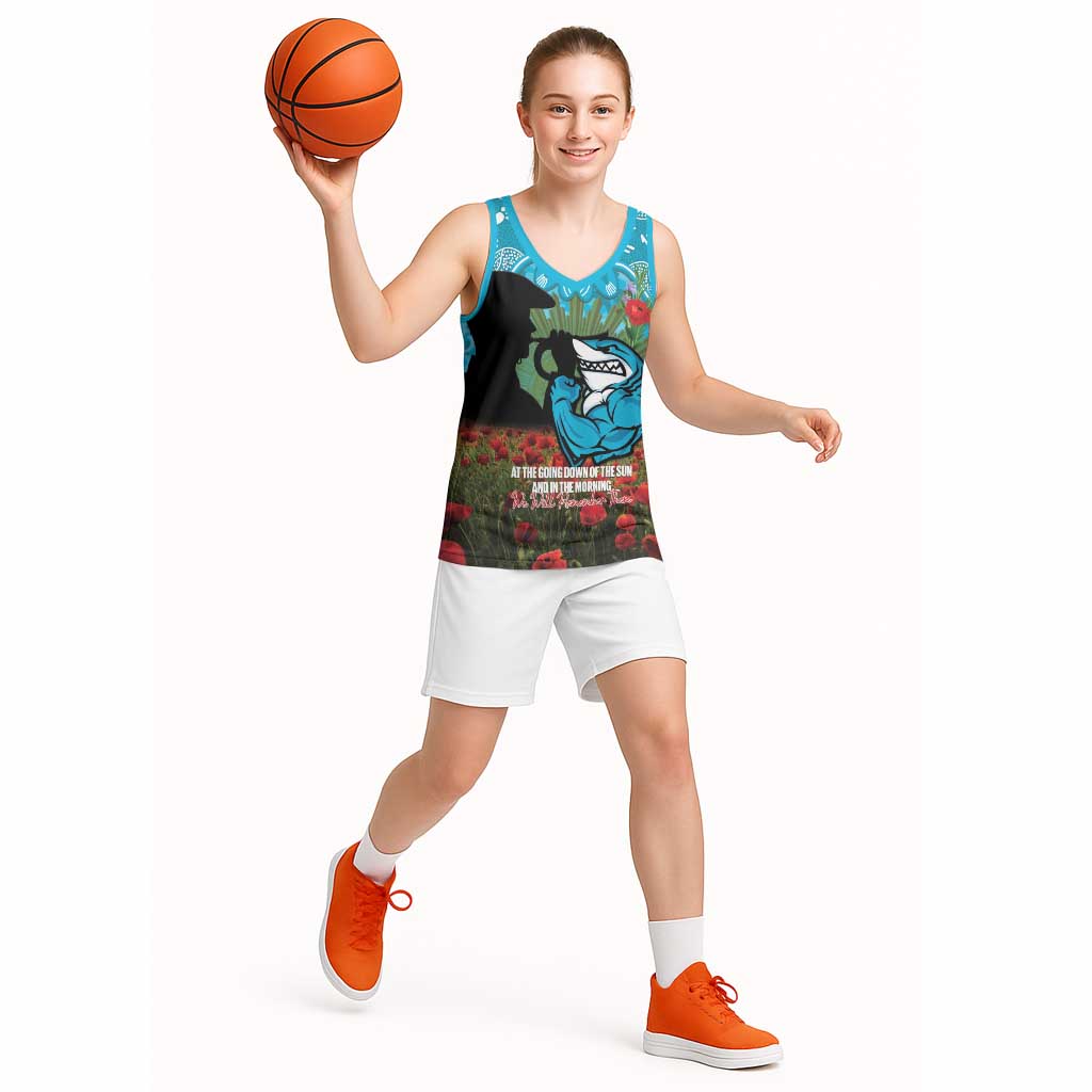 Personalised Sharks Rugby ANZAC Day Basketball Jersey Last Post Poppy We Will Remember Them