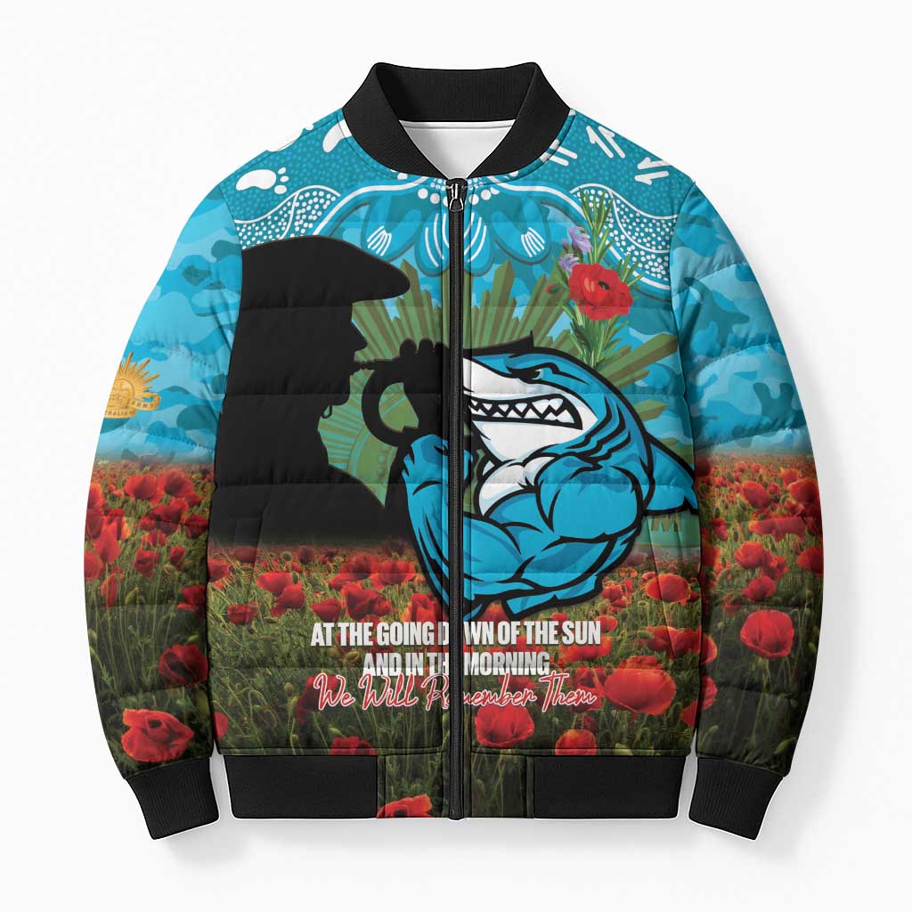 Personalised Sharks Rugby ANZAC Day Bomber Puffer Jacket Last Post Poppy We Will Remember Them
