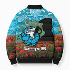 Personalised Sharks Rugby ANZAC Day Bomber Puffer Jacket Last Post Poppy We Will Remember Them