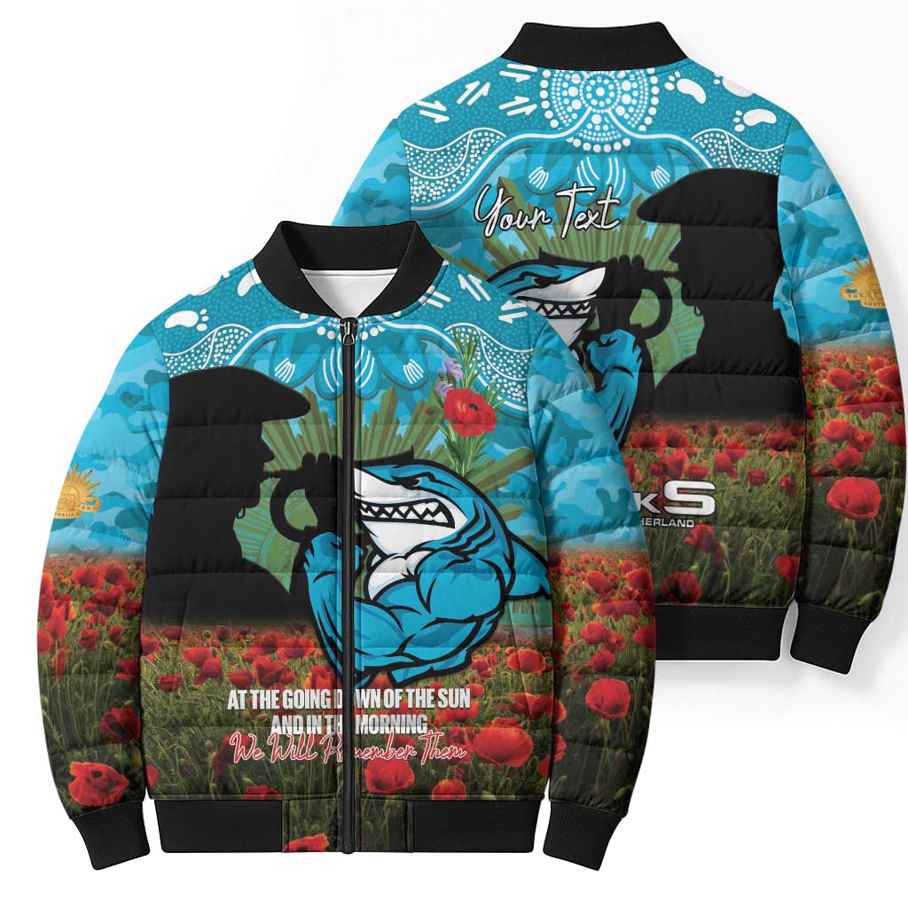 Personalised Sharks Rugby ANZAC Day Bomber Puffer Jacket Last Post Poppy We Will Remember Them