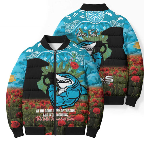 Personalised Sharks Rugby ANZAC Day Bomber Puffer Jacket Last Post Poppy We Will Remember Them