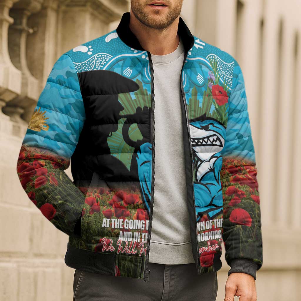 Personalised Sharks Rugby ANZAC Day Bomber Puffer Jacket Last Post Poppy We Will Remember Them