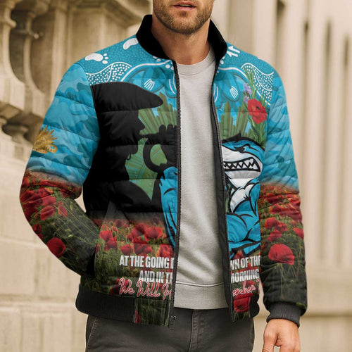 Personalised Sharks Rugby ANZAC Day Bomber Puffer Jacket Last Post Poppy We Will Remember Them