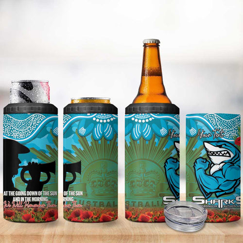 Personalised Sharks Rugby ANZAC Day 4 in 1 Can Cooler Tumbler Last Post Poppy We Will Remember Them