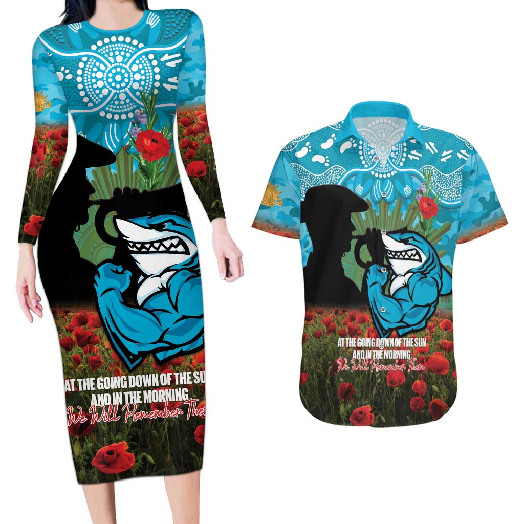 Personalised Sharks Rugby ANZAC Day Couples Matching Long Sleeve Bodycon Dress and Hawaiian Shirt Last Post Poppy We Will Remember Them