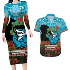 Personalised Sharks Rugby ANZAC Day Couples Matching Long Sleeve Bodycon Dress and Hawaiian Shirt Last Post Poppy We Will Remember Them