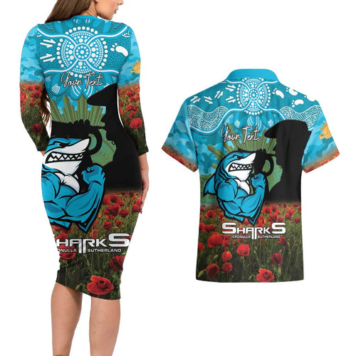 Personalised Sharks Rugby ANZAC Day Couples Matching Long Sleeve Bodycon Dress and Hawaiian Shirt Last Post Poppy We Will Remember Them