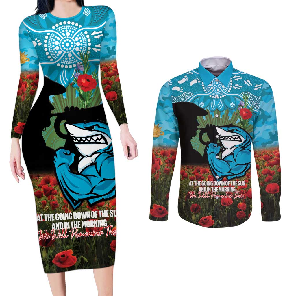 Personalised Sharks Rugby ANZAC Day Couples Matching Long Sleeve Bodycon Dress and Long Sleeve Button Shirt Last Post Poppy We Will Remember Them