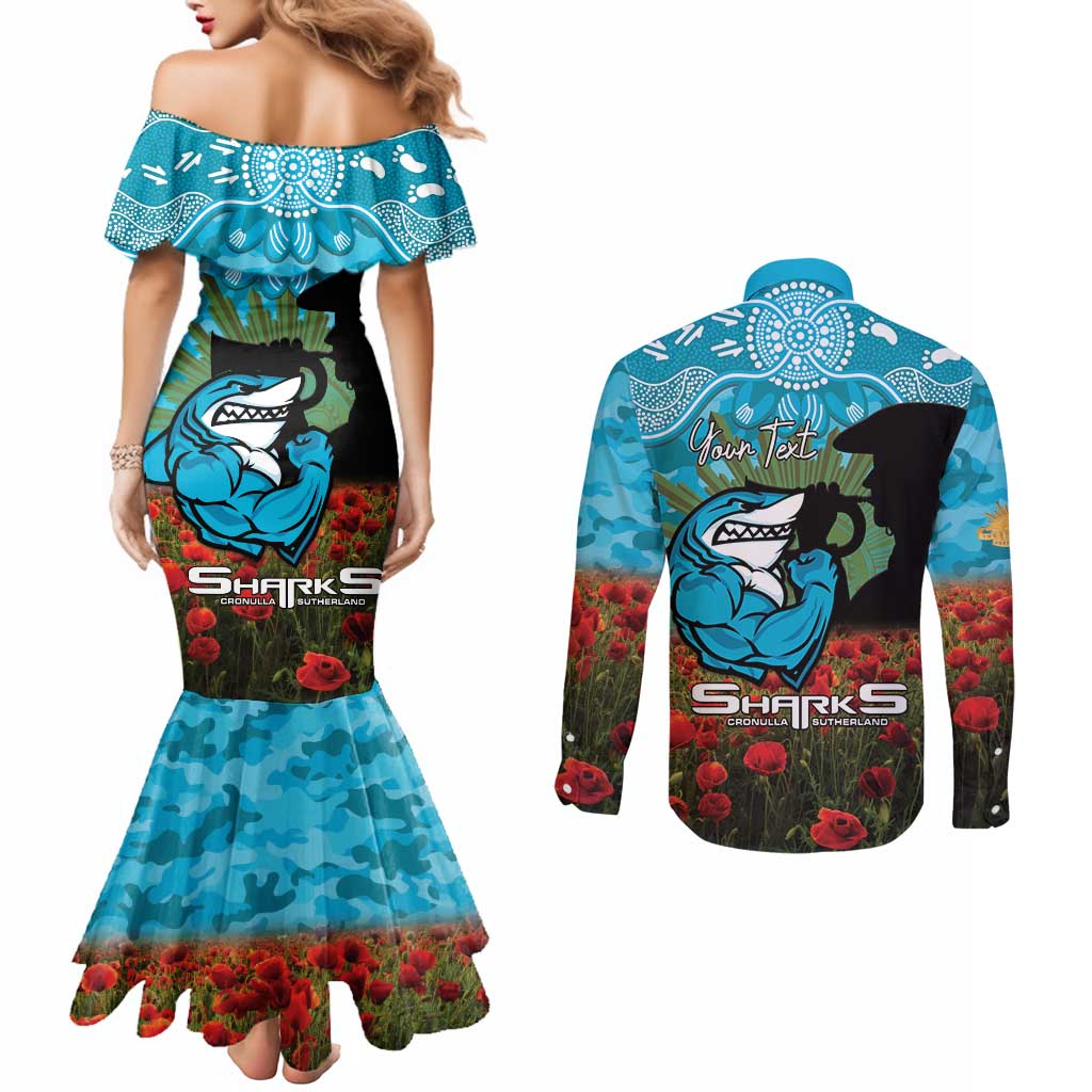 Personalised Sharks Rugby ANZAC Day Couples Matching Mermaid Dress and Long Sleeve Button Shirt Last Post Poppy We Will Remember Them