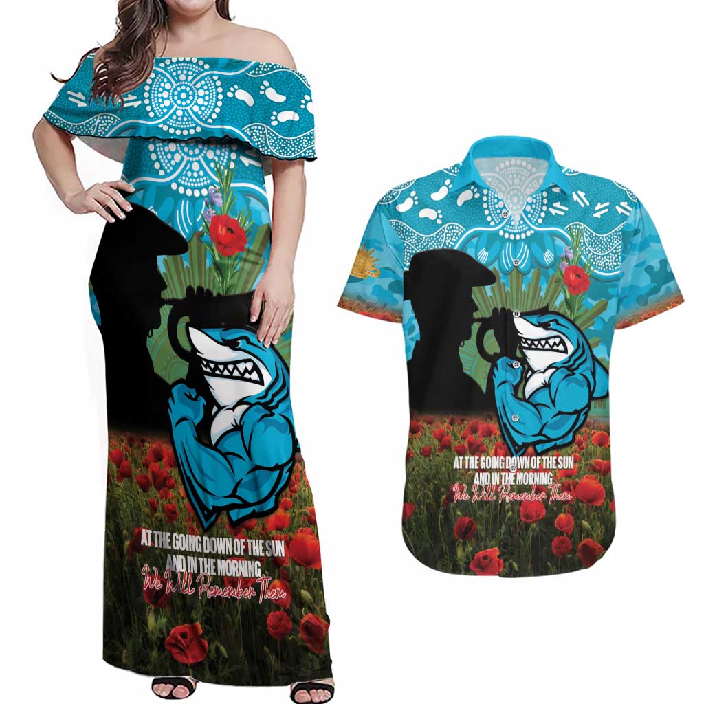 Personalised Sharks Rugby ANZAC Day Couples Matching Off Shoulder Maxi Dress and Hawaiian Shirt Last Post Poppy We Will Remember Them