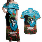 Personalised Sharks Rugby ANZAC Day Couples Matching Off Shoulder Maxi Dress and Hawaiian Shirt Last Post Poppy We Will Remember Them