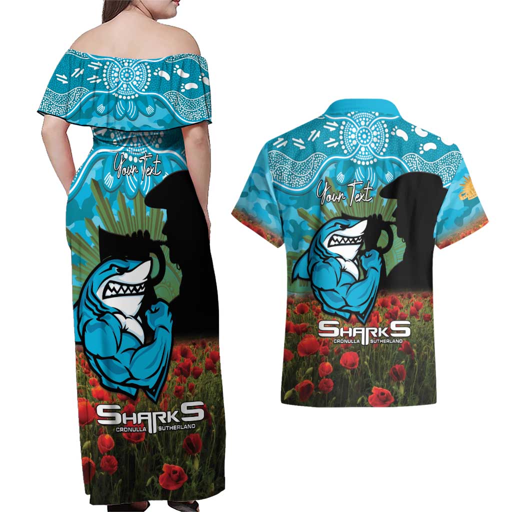 Personalised Sharks Rugby ANZAC Day Couples Matching Off Shoulder Maxi Dress and Hawaiian Shirt Last Post Poppy We Will Remember Them