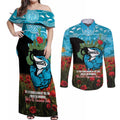 Personalised Sharks Rugby ANZAC Day Couples Matching Off Shoulder Maxi Dress and Long Sleeve Button Shirt Last Post Poppy We Will Remember Them