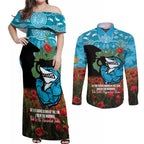 Personalised Sharks Rugby ANZAC Day Couples Matching Off Shoulder Maxi Dress and Long Sleeve Button Shirt Last Post Poppy We Will Remember Them