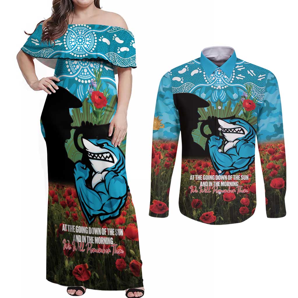 Personalised Sharks Rugby ANZAC Day Couples Matching Off Shoulder Maxi Dress and Long Sleeve Button Shirt Last Post Poppy We Will Remember Them