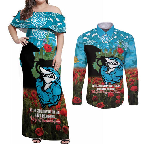 Personalised Sharks Rugby ANZAC Day Couples Matching Off Shoulder Maxi Dress and Long Sleeve Button Shirt Last Post Poppy We Will Remember Them