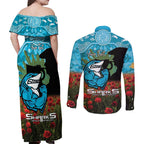 Personalised Sharks Rugby ANZAC Day Couples Matching Off Shoulder Maxi Dress and Long Sleeve Button Shirt Last Post Poppy We Will Remember Them