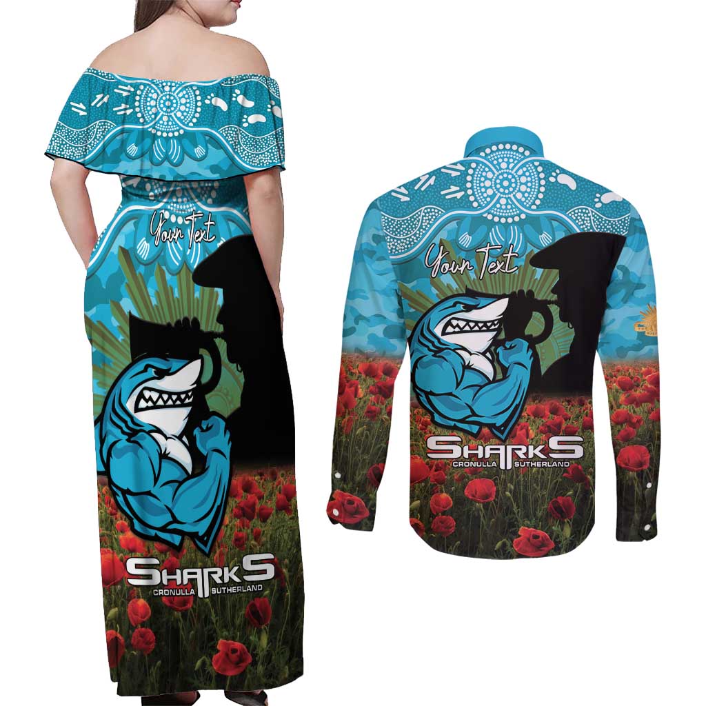 Personalised Sharks Rugby ANZAC Day Couples Matching Off Shoulder Maxi Dress and Long Sleeve Button Shirt Last Post Poppy We Will Remember Them