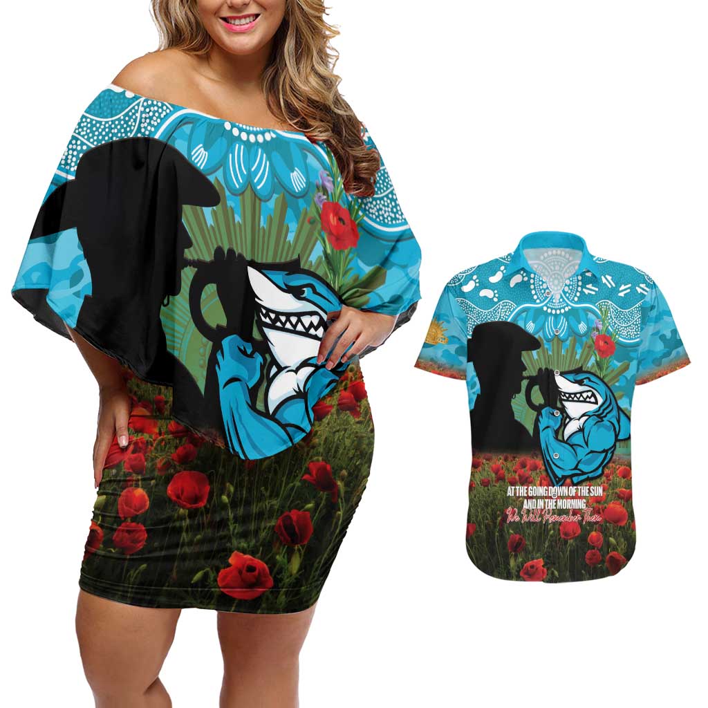 Personalised Sharks Rugby ANZAC Day Couples Matching Off Shoulder Short Dress and Hawaiian Shirt Last Post Poppy We Will Remember Them